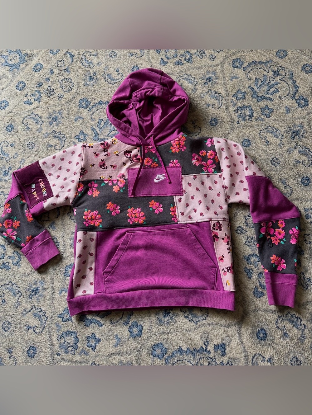 Nike Patchwork Floral Pullover Hoodie - Purple/Pink, repurposed handmade